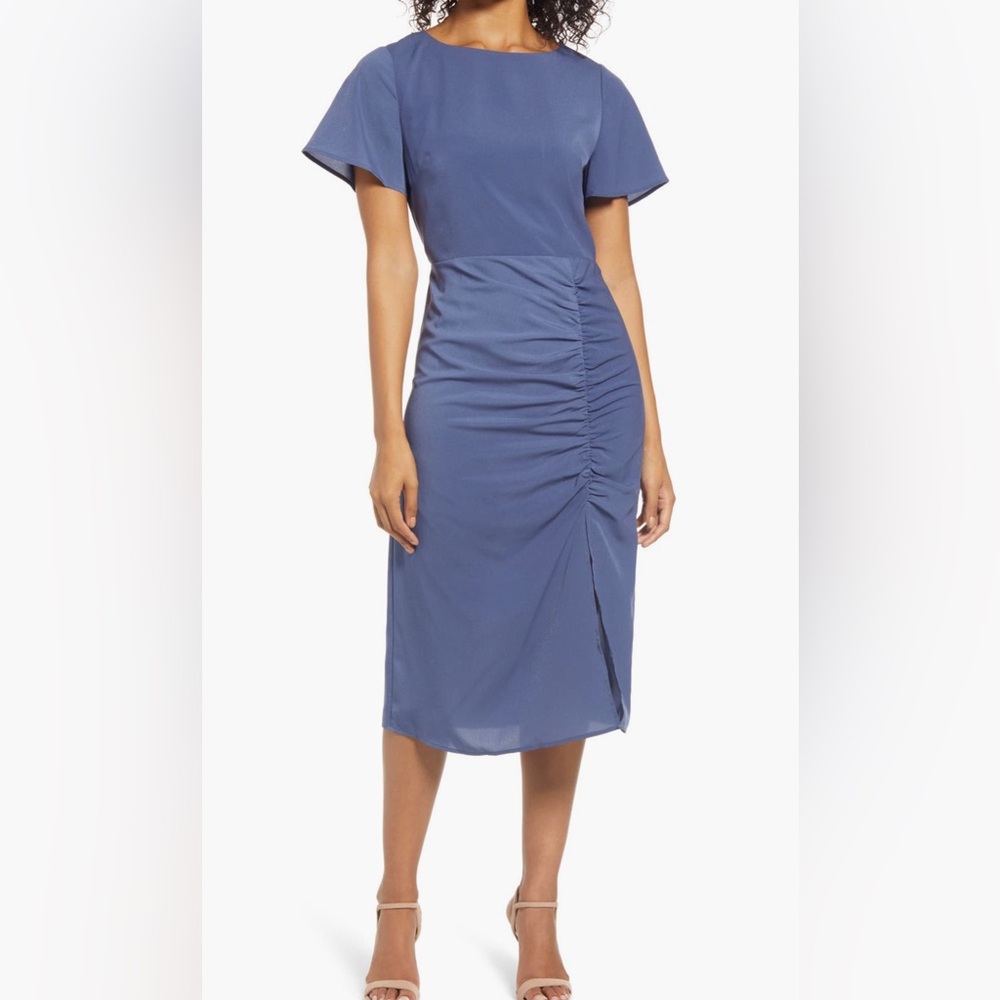 Chelsea28 side ruched blue indigo midi dress NWT size M